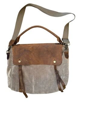 Street Level Men's large tan corduroy & brown Leather Messenger crossbody Bag